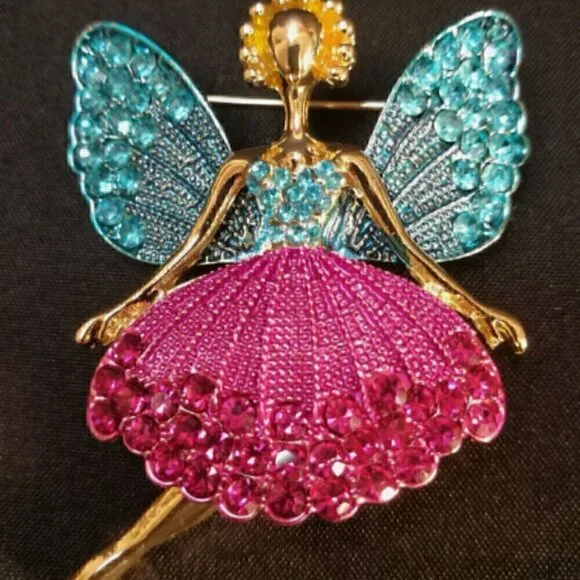 Angel with Wings Fairy Ballerina Dancer Rhinestone Brooch - Picture 5 of 7